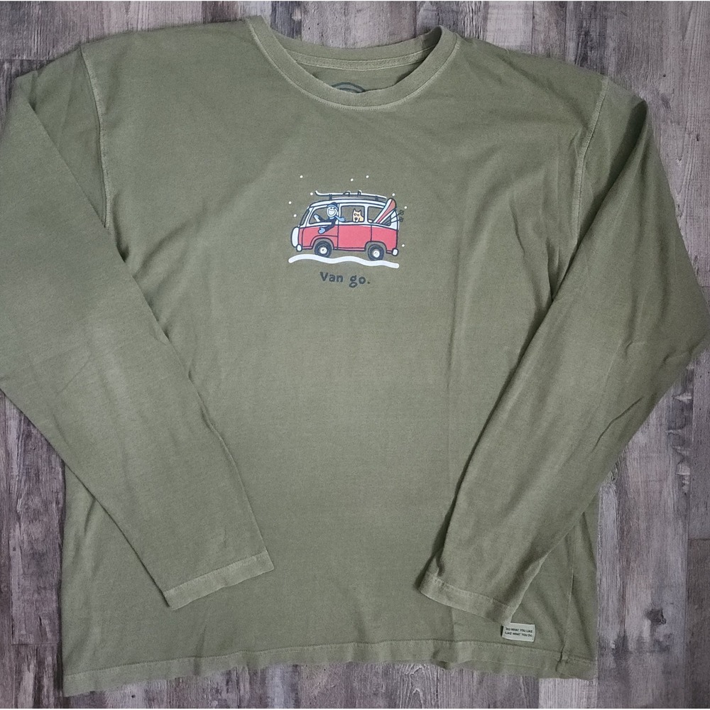 Life is Good Graphic Tee Mens Large Green Van Go Long Sleeve Winter Ski Shirt